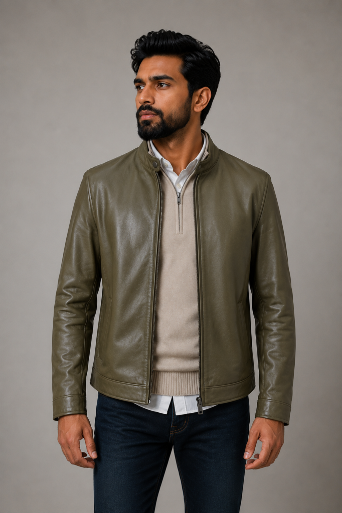 Handmade Olive Sheep Leather Bomber Jacket