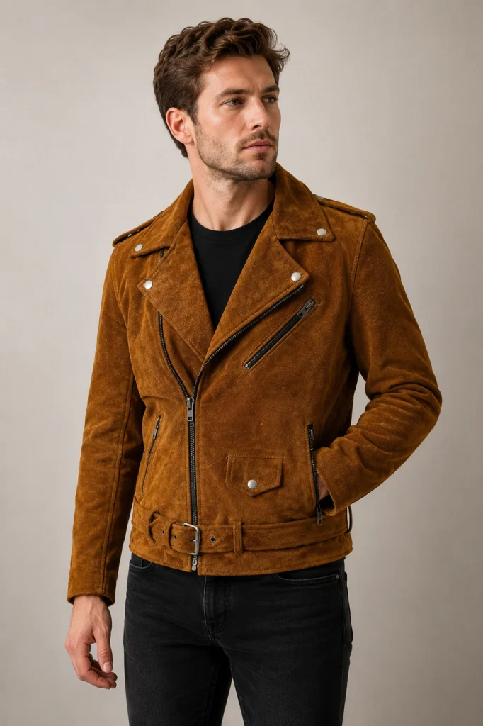 Men’s Tan Suede Leather Biker Jacket