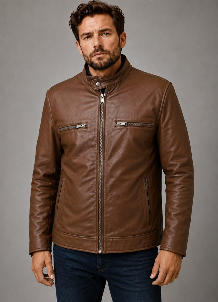 Men’s Brown Genuine Leather Café Racer Jacket