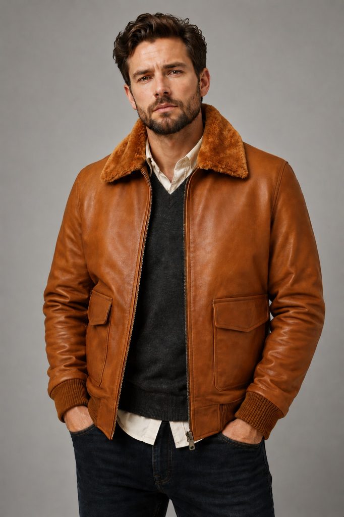 Men’s Brown Sheepskin Leather Jacket with Faux Fur Collar