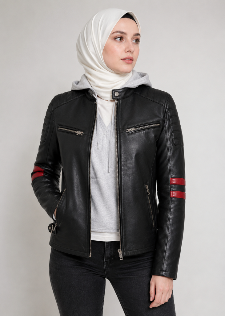 Black Leather Biker Jacket – Red Stripe Edition