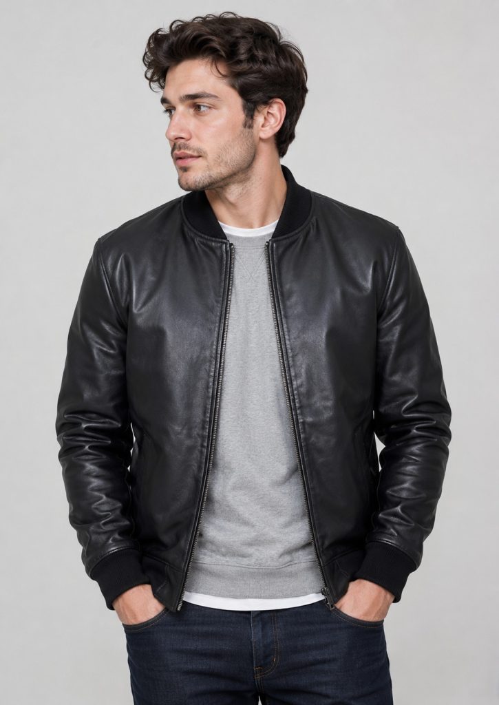 Classic Black Leather Bomber Jacket